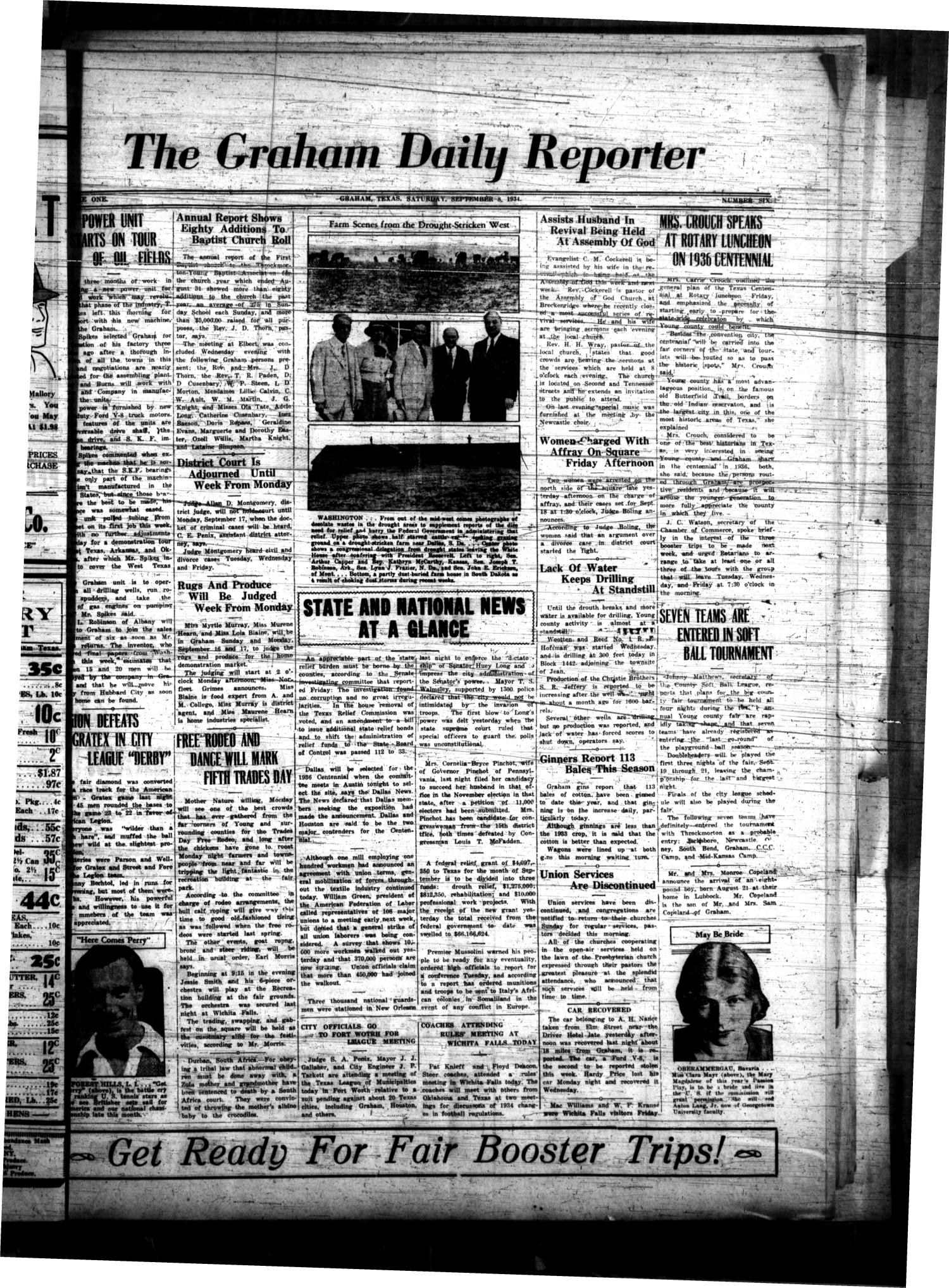 The Graham Daily Reporter (Graham, Tex.), Vol. 1, No. 6, Ed. 1 Saturday, September 8, 1934
                                                
                                                    [Sequence #]: 1 of 4
                                                