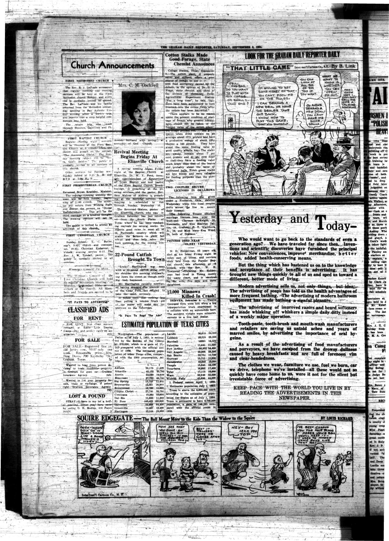 The Graham Daily Reporter (Graham, Tex.), Vol. 1, No. 6, Ed. 1 Saturday, September 8, 1934
                                                
                                                    [Sequence #]: 4 of 4
                                                