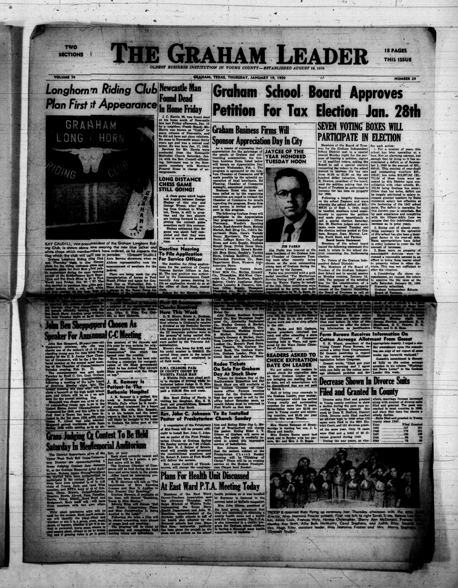 The Graham Leader (Graham, Tex.), Vol. 74, No. 24, Ed. 1 Thursday, January 19, 1950
                                                
                                                    [Sequence #]: 1 of 18
                                                