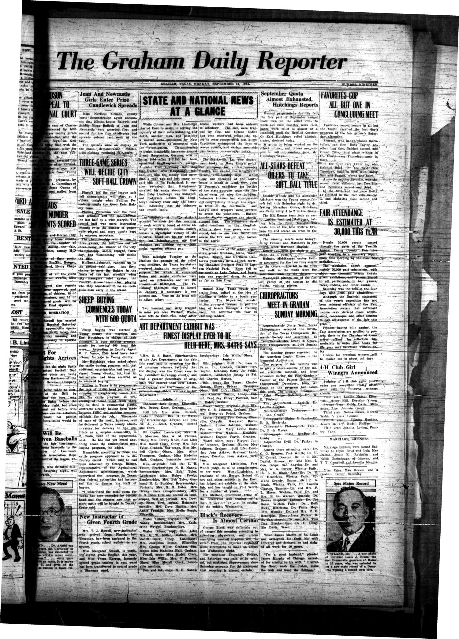 The Graham Daily Reporter (Graham, Tex.), Vol. 1, No. 19, Ed. 1 Monday, September 24, 1934
                                                
                                                    [Sequence #]: 1 of 4
                                                