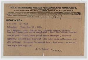 [Telegram from I. H. Kempner to Mrs. I. H. Kempner, September 12, 1900]