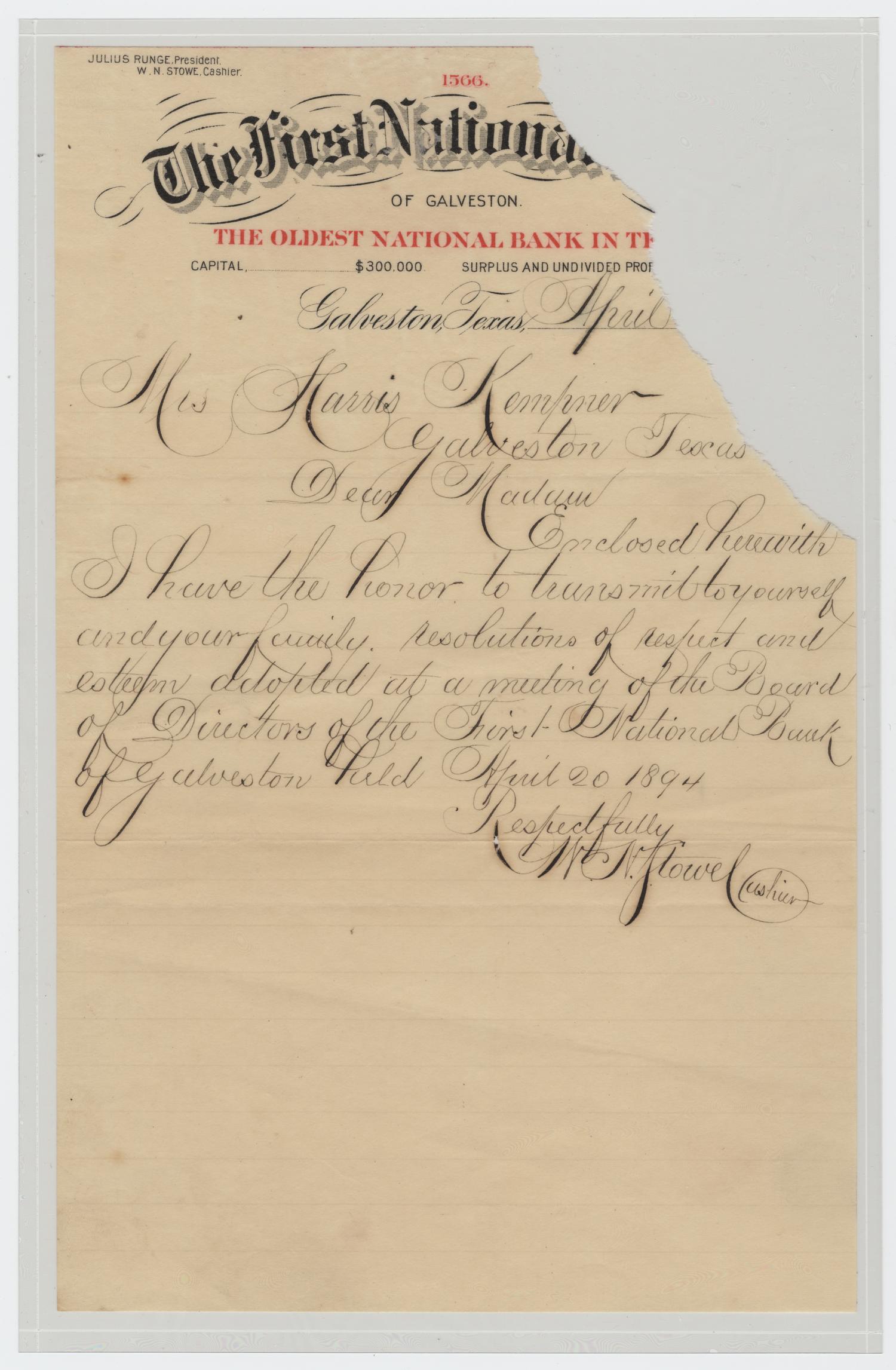 [Letter from W. N. Towel to Mrs. Harris Kempner, April 20, 1894]
                                                
                                                    [Sequence #]: 1 of 2
                                                