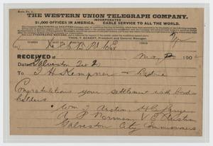 [Telegram to I. H. Kempner from Galveston City Commissioners, May 20, 1902]