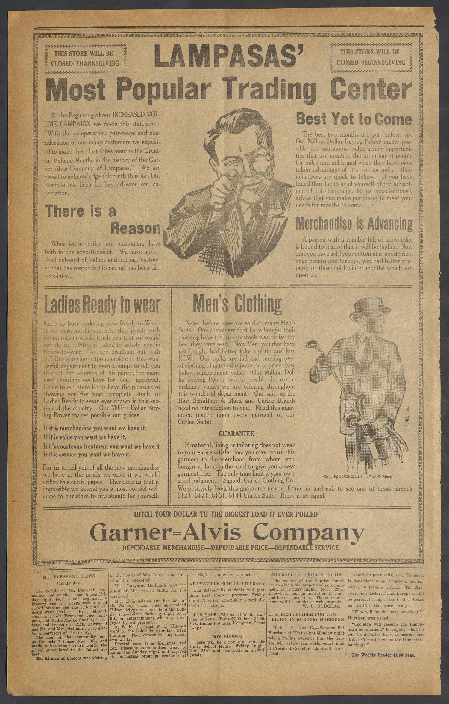 The Lampasas Leader. (Lampasas, Tex.), Vol. 36, No. 3, Ed. 1 Friday, November 16, 1923
                                                
                                                    [Sequence #]: 6 of 8
                                                