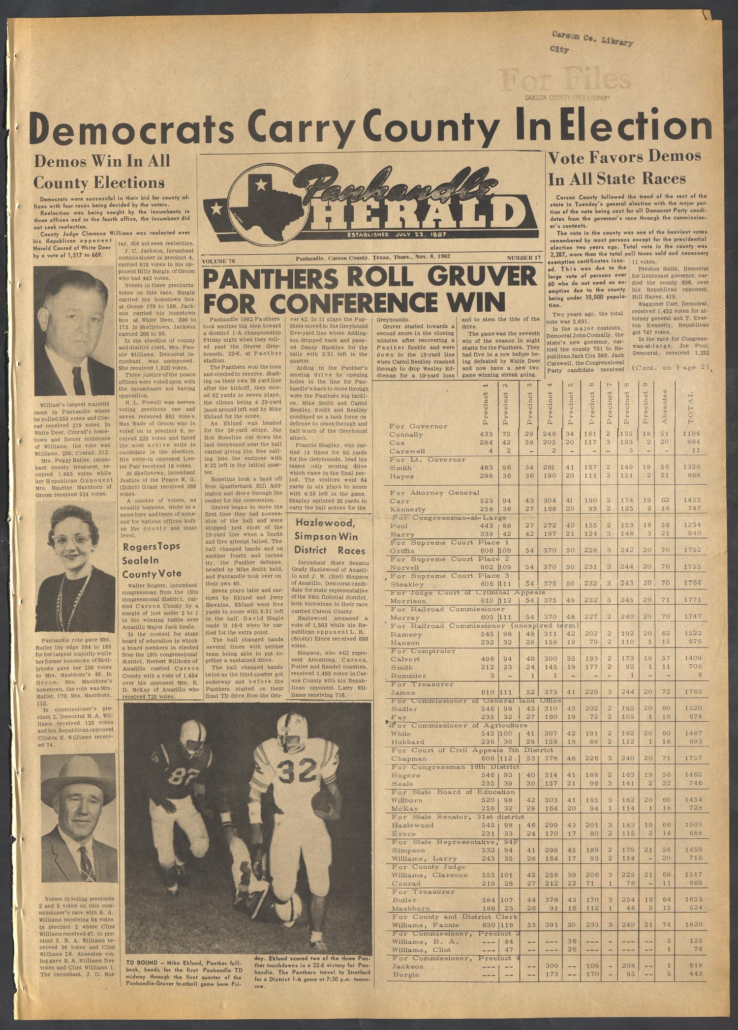 Panhandle Herald (Panhandle, Tex.), Vol. 76, No. 17, Ed. 1 Thursday, November 8, 1962
                                                
                                                    [Sequence #]: 1 of 8
                                                
