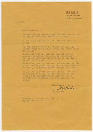 Primary view of object titled '[Letter From Irv Rubin to Helen Snapp, October 18, 1991]'.