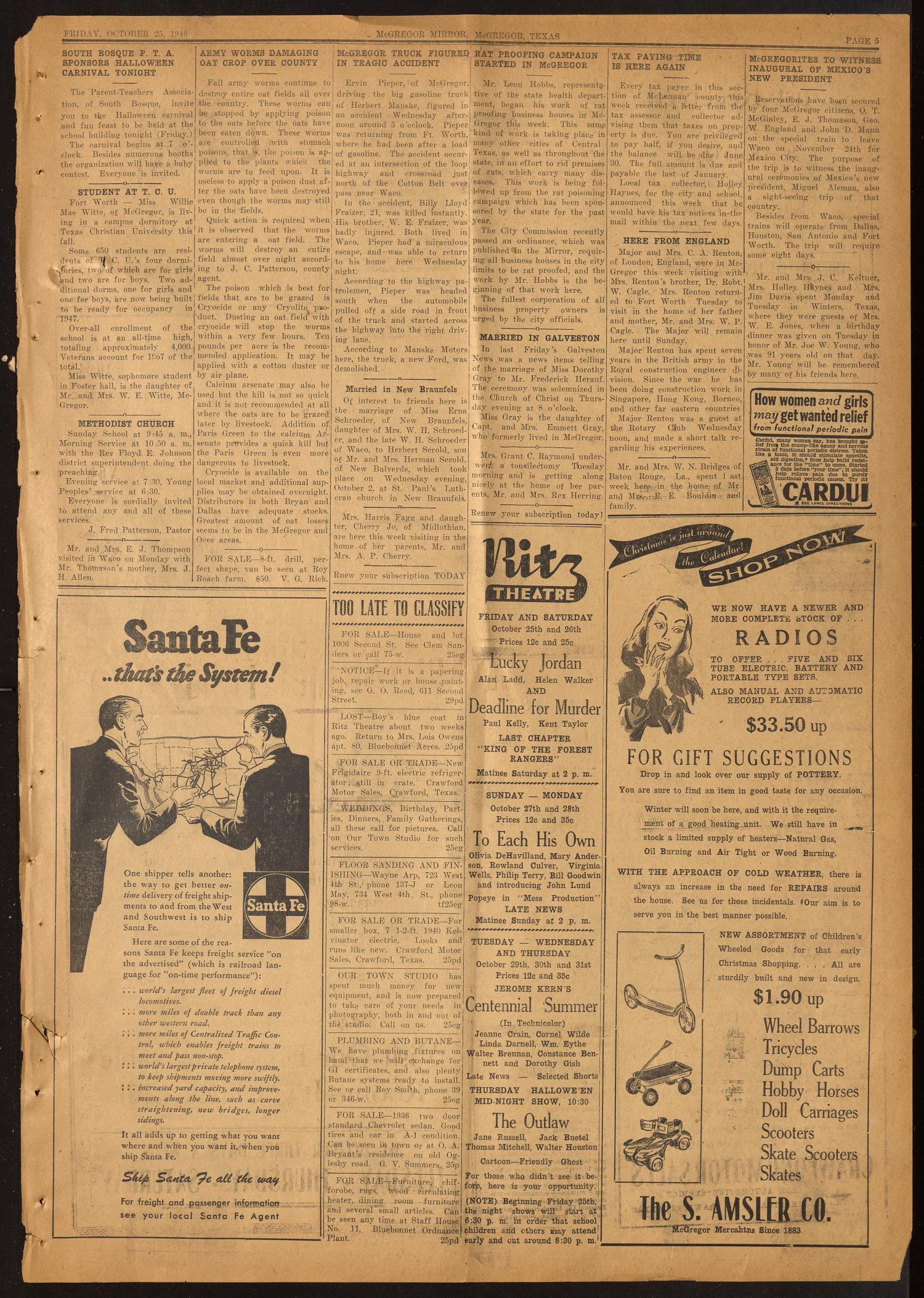 The McGregor Mirror and Herald-Observer (McGregor, Tex.), Vol. 58, No. 25, Ed. 1 Friday, October 25, 1946
                                                
                                                    [Sequence #]: 5 of 8
                                                