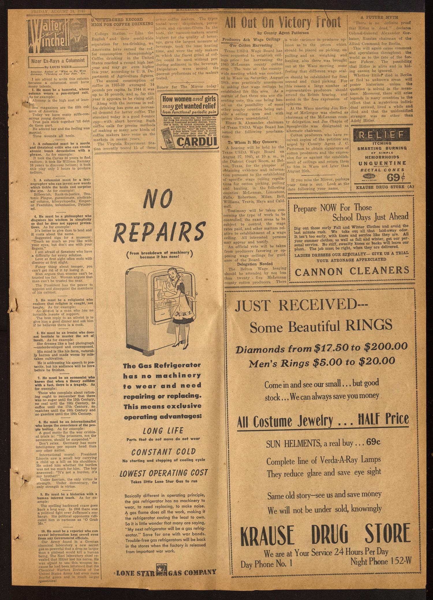 The McGregor Mirror and Herald-Observer (McGregor, Tex.), Vol. 57, No. 18, Ed. 1 Friday, August 24, 1945
                                                
                                                    [Sequence #]: 3 of 6
                                                