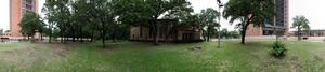 Panoramic image of the east side of the Little Chapel in the Woods on the Texas Woman's University Campus.