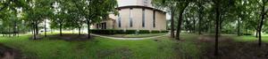 Panoramic image of the west side of the Little Chapel in the Woods on the Texas Woman's University Campus.
