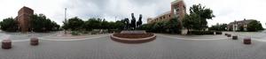 Panoramic image of Mustang Statue on the Southern Methodist University campus in Dallas, Texas.