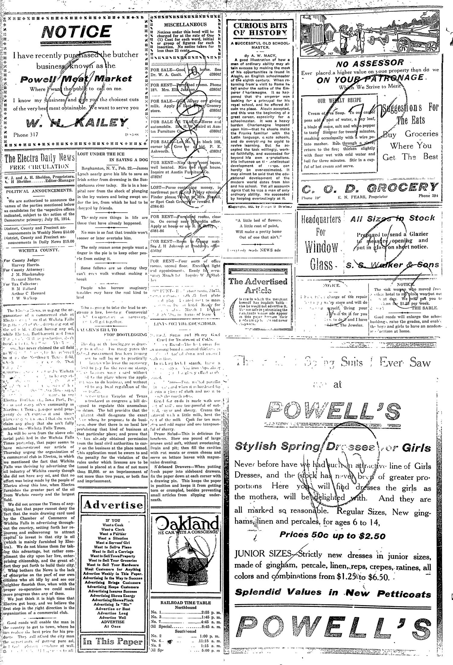The Electra Daily News (Electra, Tex.), Vol. 2, No. 385, Ed. 1 Monday, February 23, 1914
                                                
                                                    [Sequence #]: 2 of 4
                                                