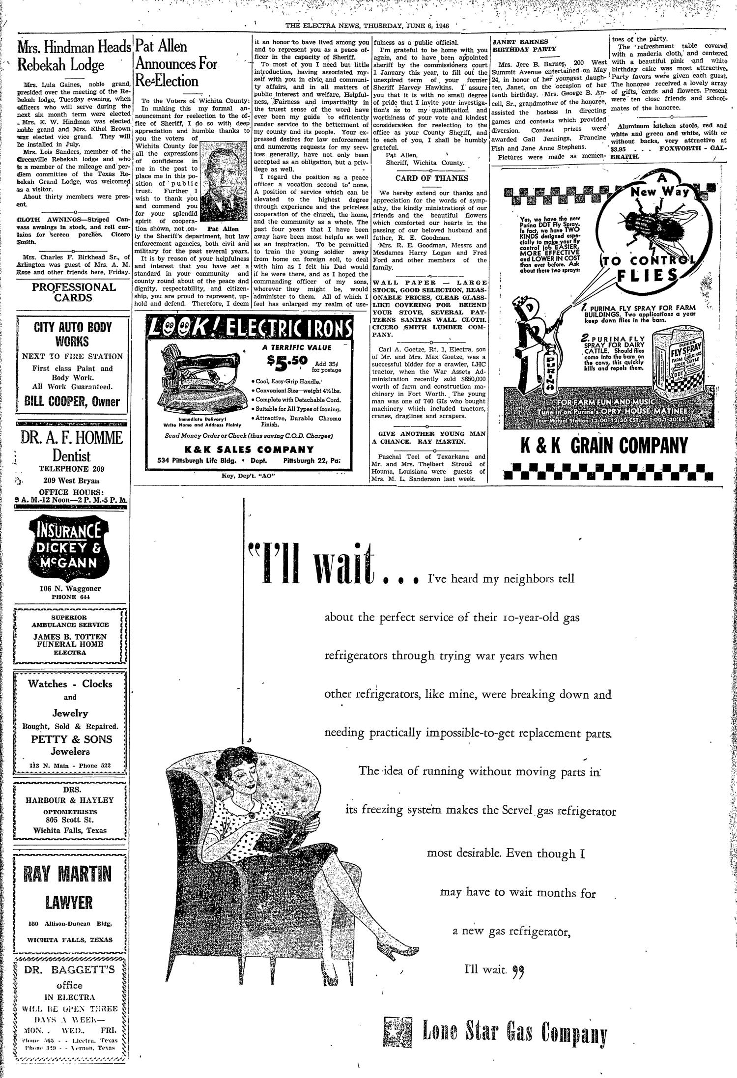 The Electra News (Electra, Tex.), Vol. 38, No. 39, Ed. 1 Thursday, June 6, 1946
                                                
                                                    [Sequence #]: 2 of 8
                                                