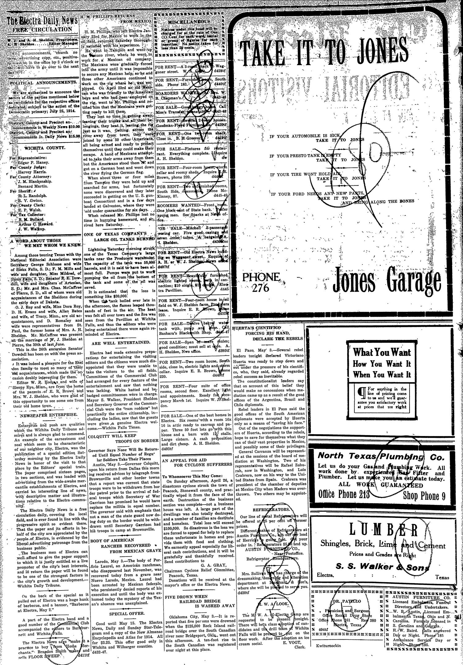 The Electra Daily News (Electra, Tex.), Vol. 2, No. 445, Ed. 1 Monday, May 4, 1914
                                                
                                                    [Sequence #]: 2 of 4
                                                