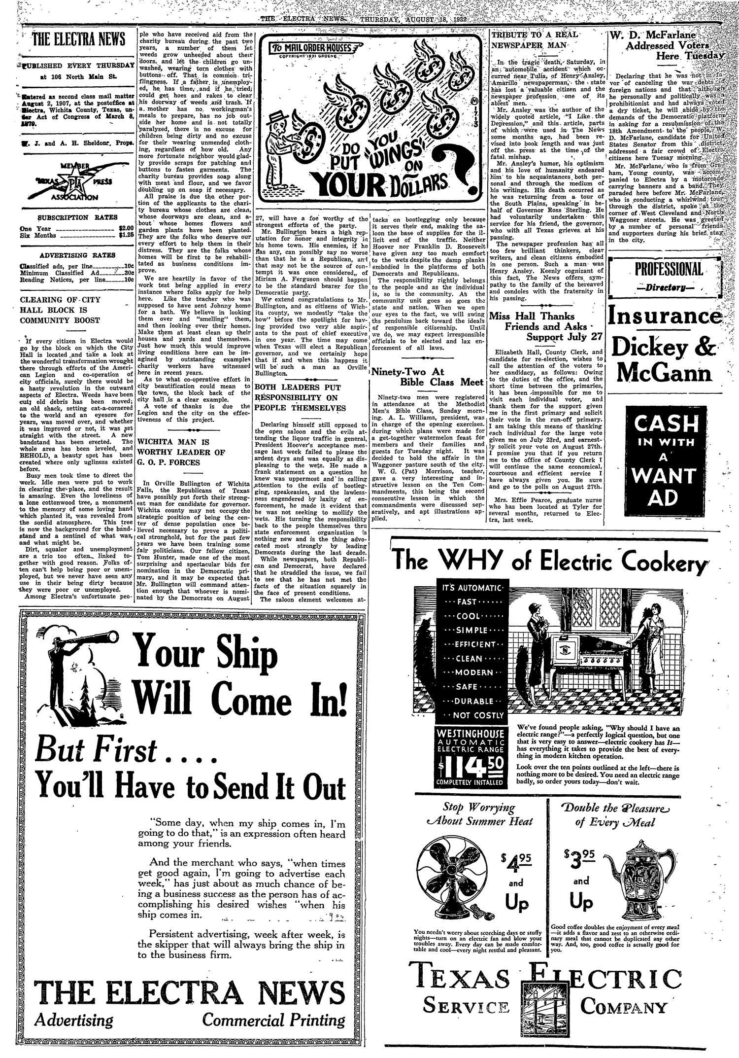 The Electra News (Electra, Tex.), Vol. 25, No. 50, Ed. 1 Thursday, August 18, 1932
                                                
                                                    [Sequence #]: 2 of 6
                                                