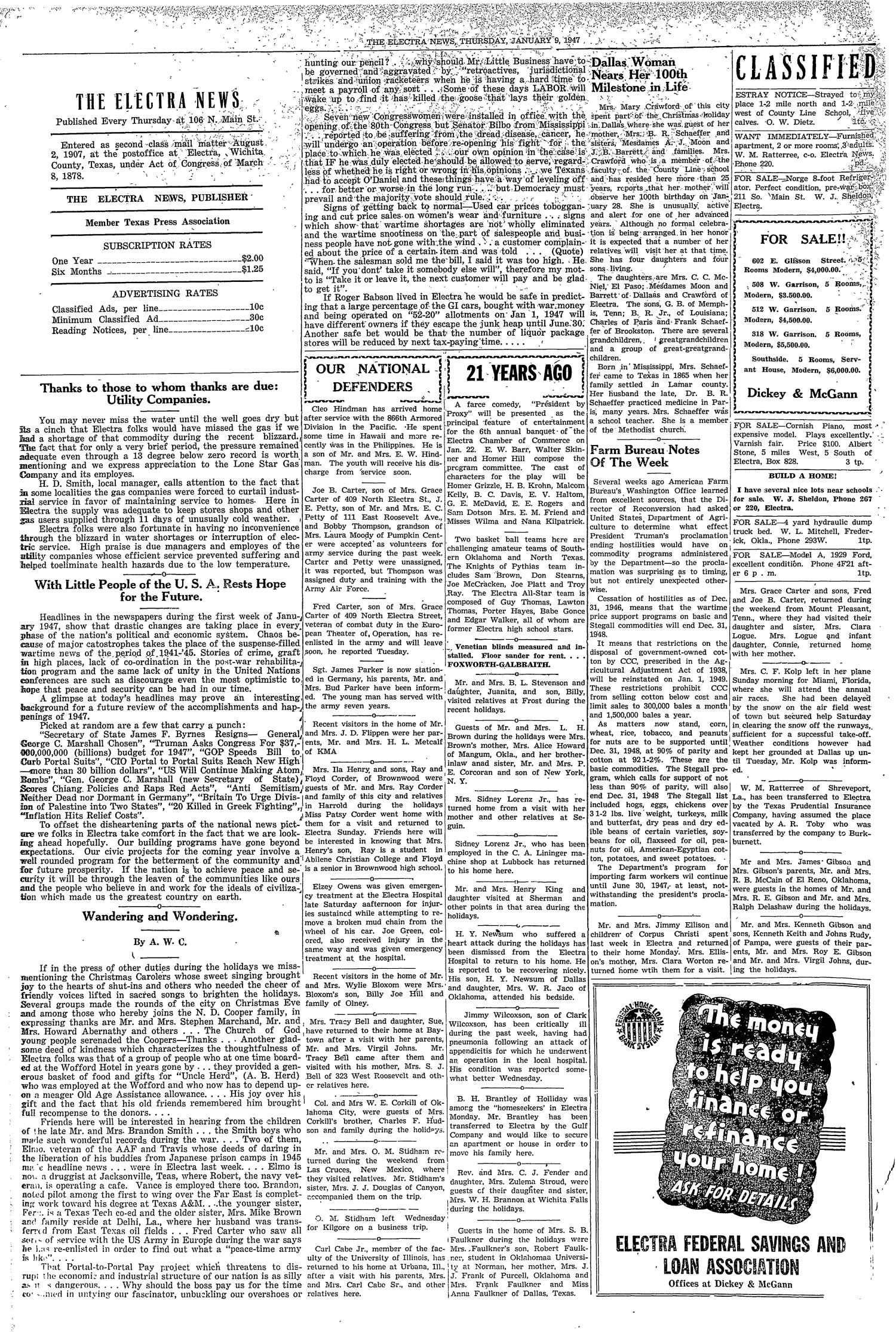 The Electra News (Electra, Tex.), Vol. 39, No. 18, Ed. 1 Thursday, January 9, 1947
                                                
                                                    [Sequence #]: 2 of 6
                                                