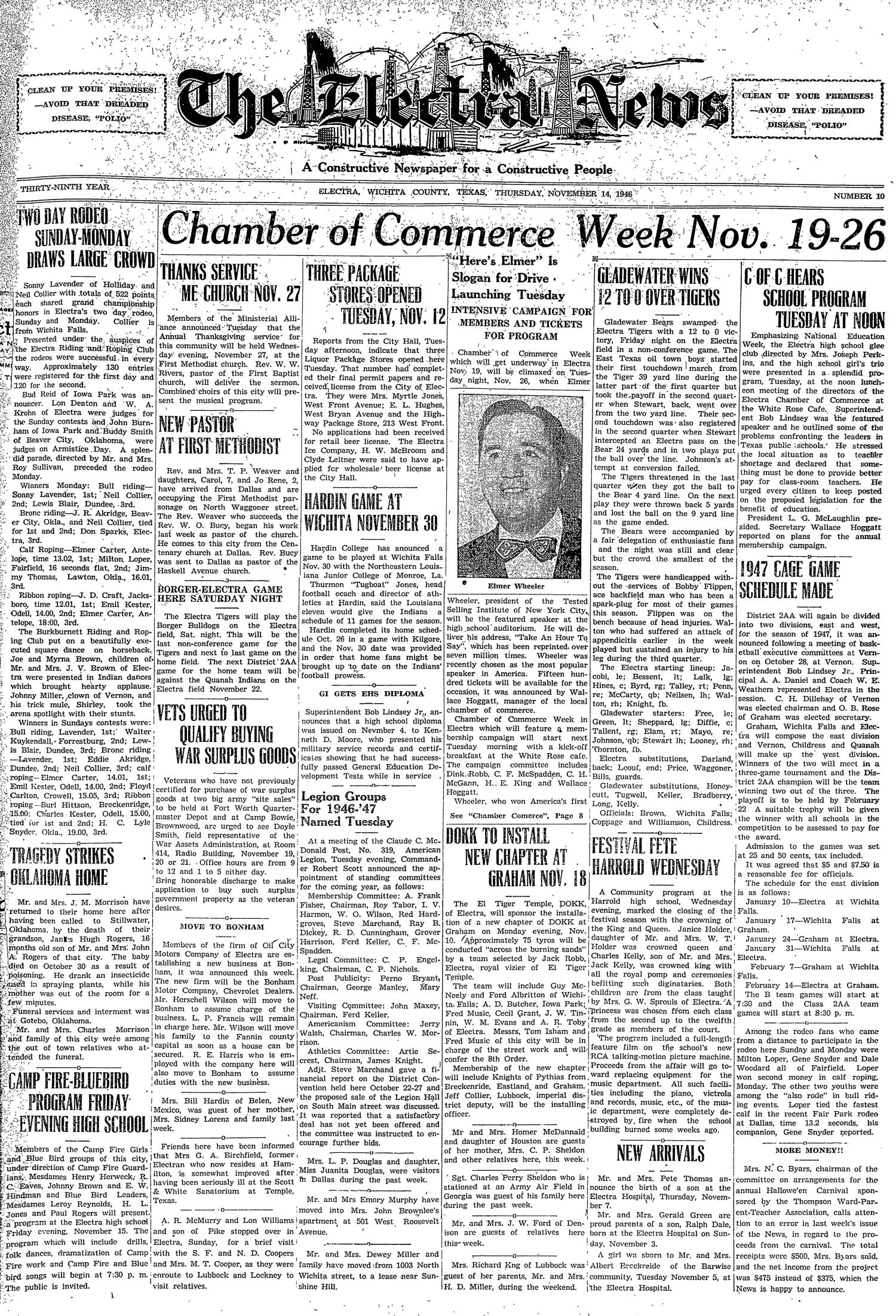 The Electra News (Electra, Tex.), Vol. 39, No. 10, Ed. 1 Thursday, November 14, 1946
                                                
                                                    [Sequence #]: 1 of 8
                                                