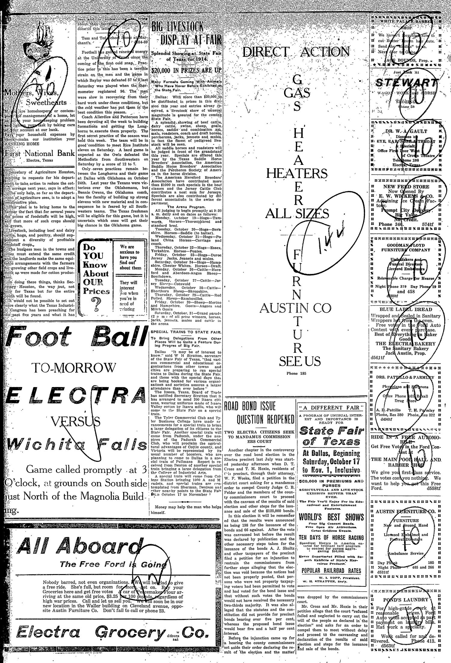 The Electra Daily News (Electra, Tex.), Vol. 2, No. 588, Ed. 1 Saturday, October 17, 1914
                                                
                                                    [Sequence #]: 4 of 4
                                                