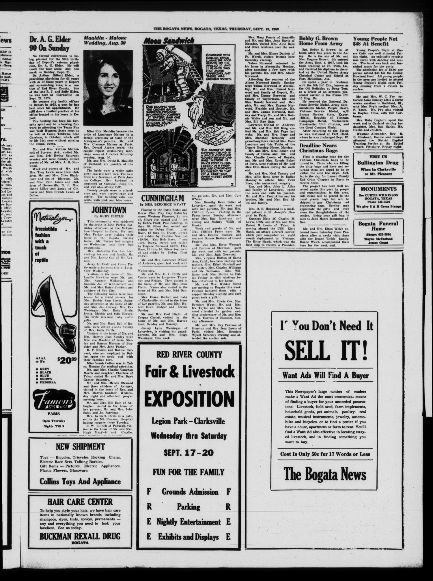 The Bogata News (Bogata, Tex.), Vol. 59, No. 50, Ed. 1 Thursday, September 18, 1969
                                                
                                                    [Sequence #]: 3 of 4
                                                
