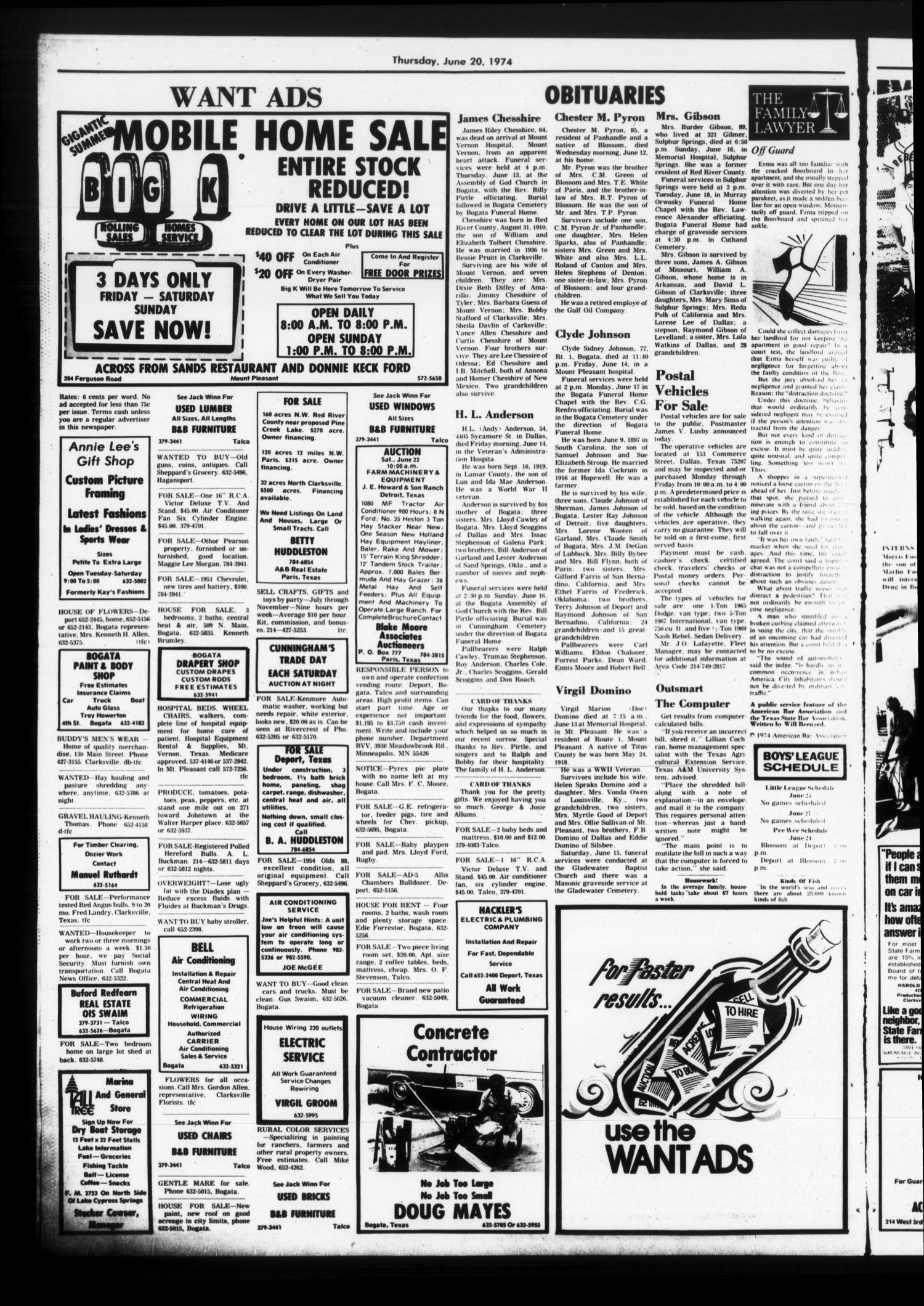 The Bogata News (Bogata, Tex.), Vol. 64, No. 21, Ed. 1 Thursday, June 20, 1974
                                                
                                                    [Sequence #]: 4 of 6
                                                