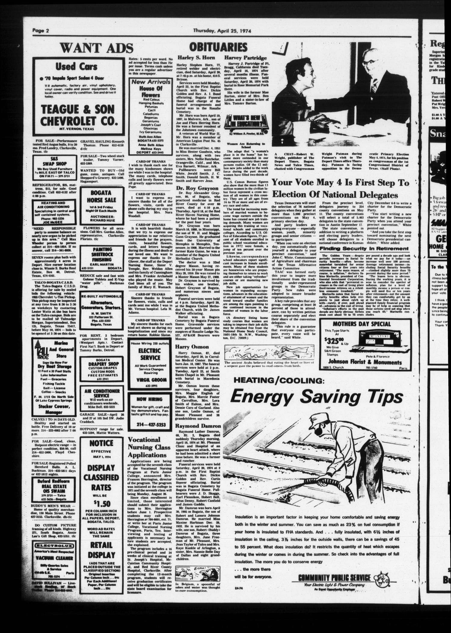 The Bogata News (Bogata, Tex.), Vol. 64, No. 13, Ed. 1 Thursday, April 25, 1974
                                                
                                                    [Sequence #]: 2 of 6
                                                