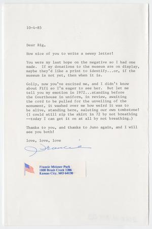 Primary view of object titled '[Letter from Francie Meisner Park to Mr. Rigdon Edwards, October 4, 1985]'.