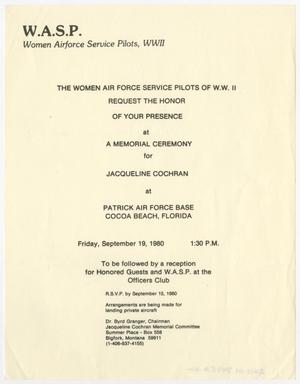 Primary view of object titled '[Invitation to Memorial Service for Jacqueline Cochran, September 19, 1980]'.