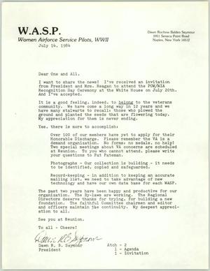 Primary view of object titled '[Letter from Dawn R. B. Seymour to WASP Members, July 14, 1984]'.