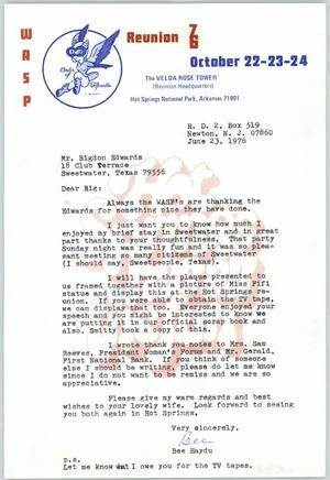 Primary view of object titled '[Letter from Bee Haydu to Rigdon Edwards, June 23, 1976]'.