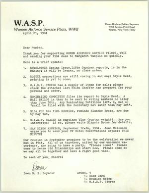 Primary view of object titled '[Letter from Dawn R. B. Seymour to WASP Members, April 21, 1984]'.