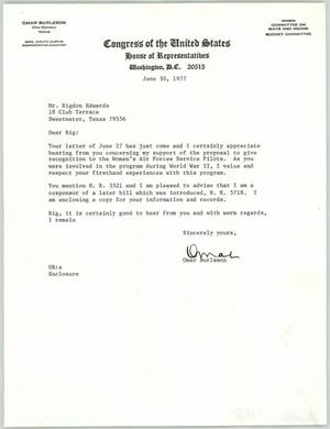 Primary view of object titled '[Letter from Texas Representative Omar Burleson to Mr. Rigdon Edwards, June 30, 1977]'.