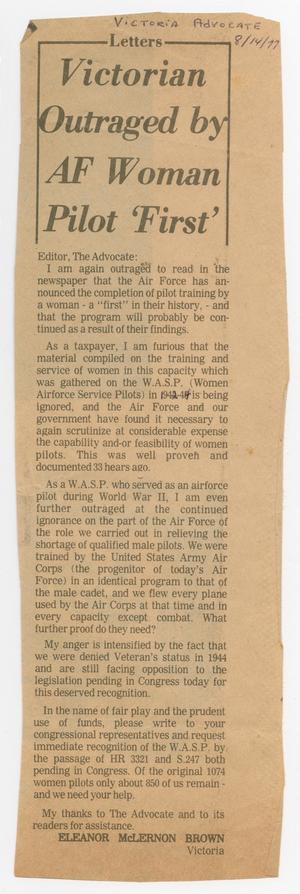 Primary view of object titled '[Clipping: Victorian Outraged by AF Woman Pilot 'First']'.