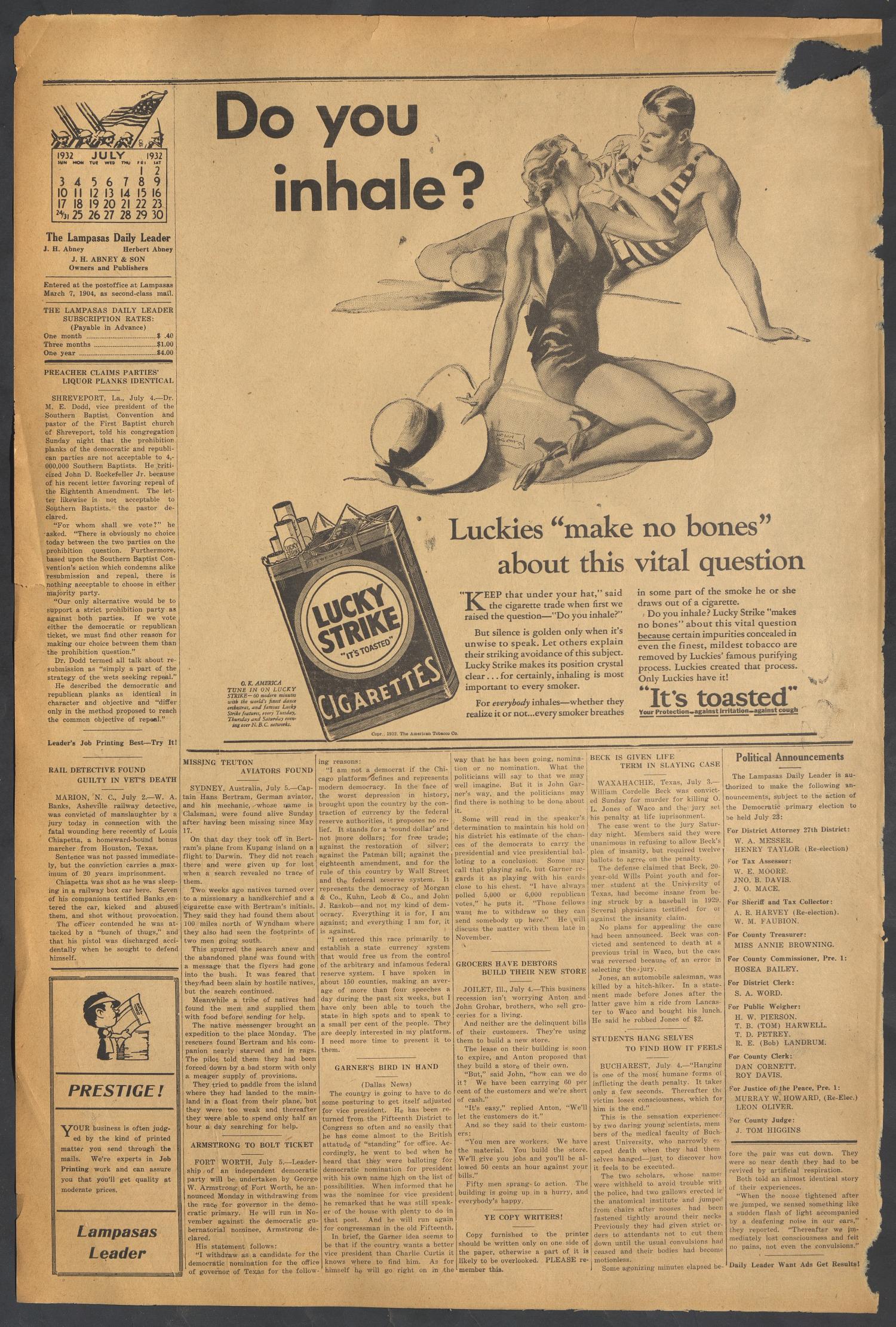 The Lampasas Daily Leader (Lampasas, Tex.), Vol. 29, No. 103, Ed. 1 Tuesday, July 5, 1932
                                                
                                                    [Sequence #]: 4 of 4
                                                