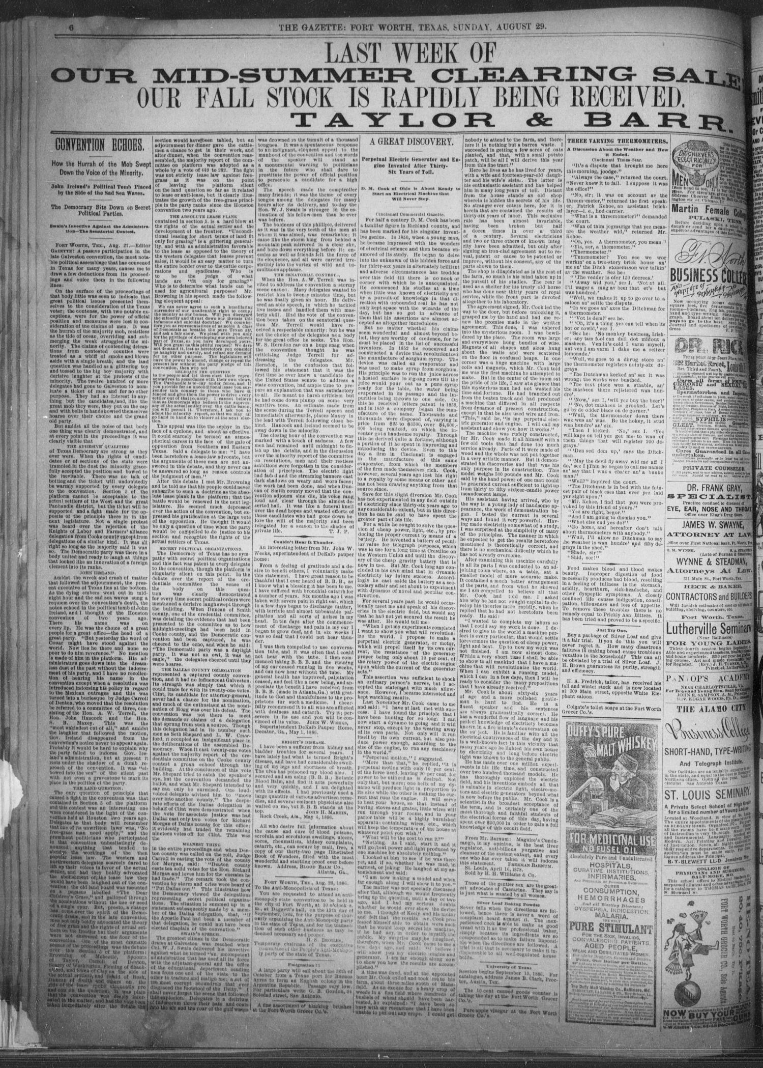 Fort Worth Daily Gazette. (Fort Worth, Tex.), Vol. 12, No. 30, Ed. 1, Sunday, August 29, 1886
                                                
                                                    [Sequence #]: 6 of 8
                                                