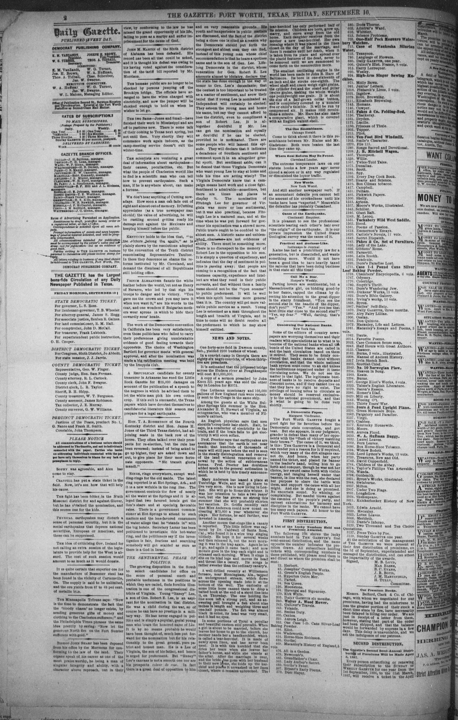 Fort Worth Daily Gazette. (Fort Worth, Tex.), Vol. 12, No. 42, Ed. 1, Friday, September 10, 1886
                                                
                                                    [Sequence #]: 2 of 8
                                                