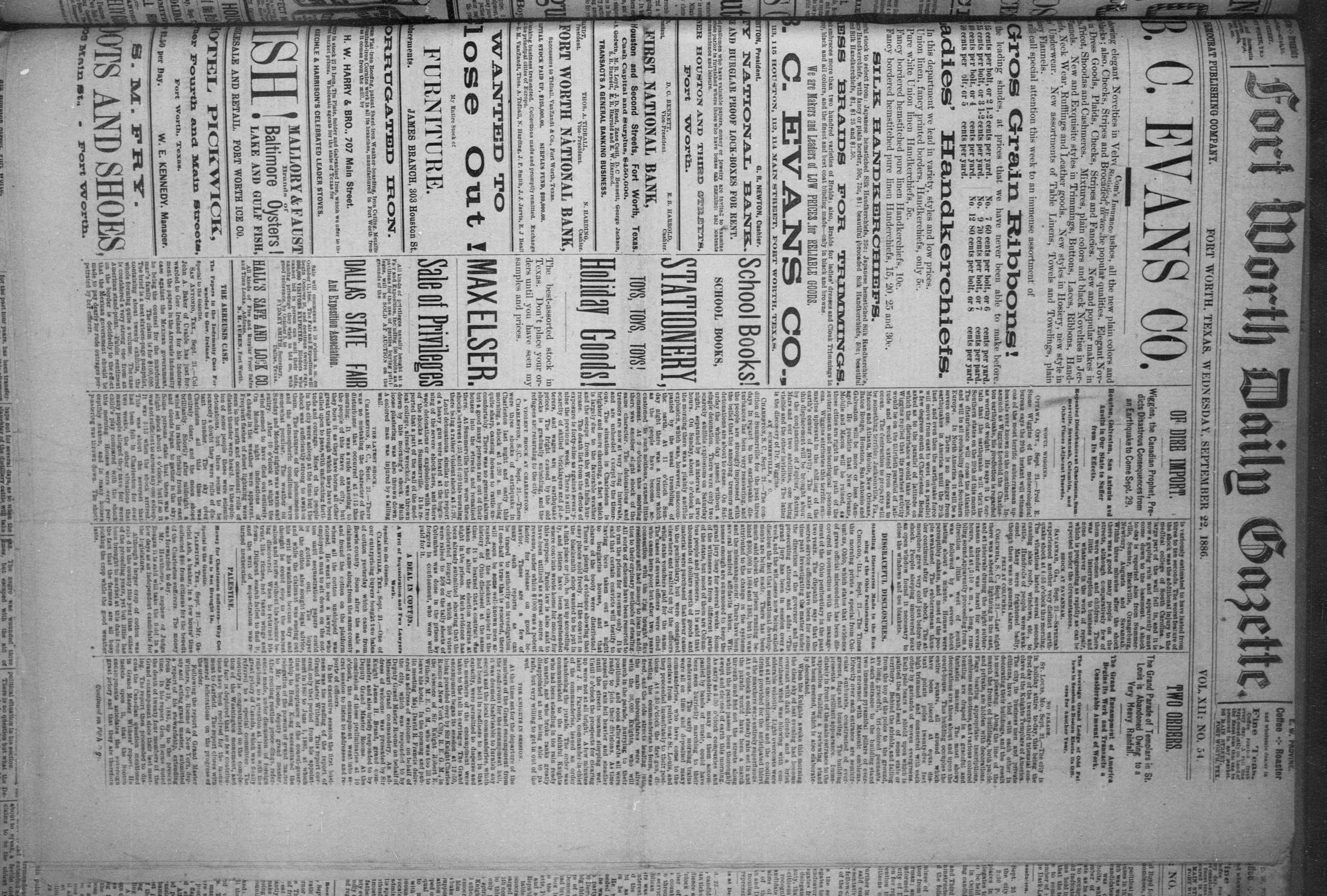 Fort Worth Daily Gazette. (Fort Worth, Tex.), Vol. 12, No. 54, Ed. 1, Wednesday, September 22, 1886
                                                
                                                    [Sequence #]: 1 of 8
                                                