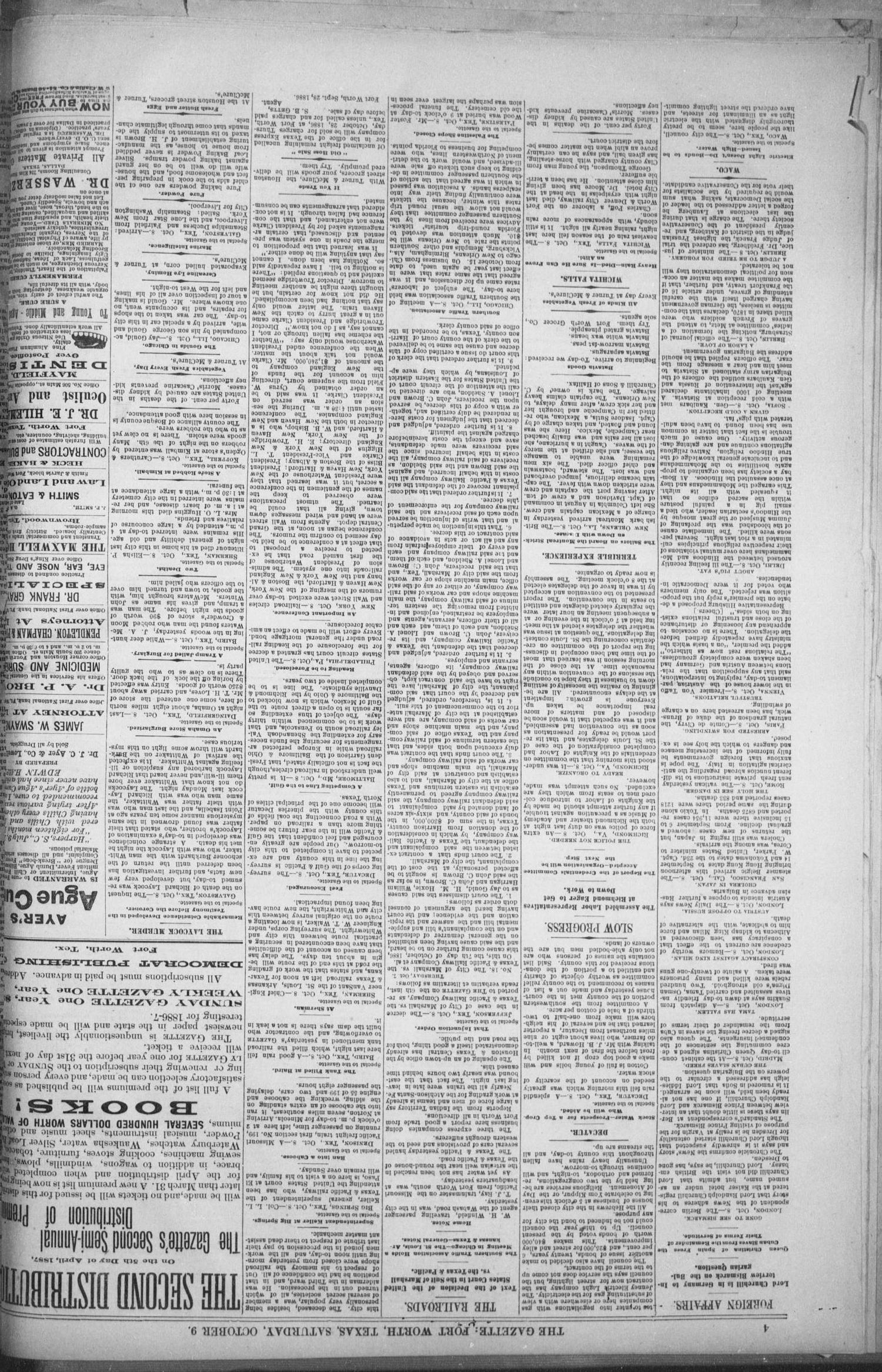 Fort Worth Daily Gazette. (Fort Worth, Tex.), Vol. 12, No. 71, Ed. 1, Saturday, October 9, 1886
                                                
                                                    [Sequence #]: 4 of 8
                                                