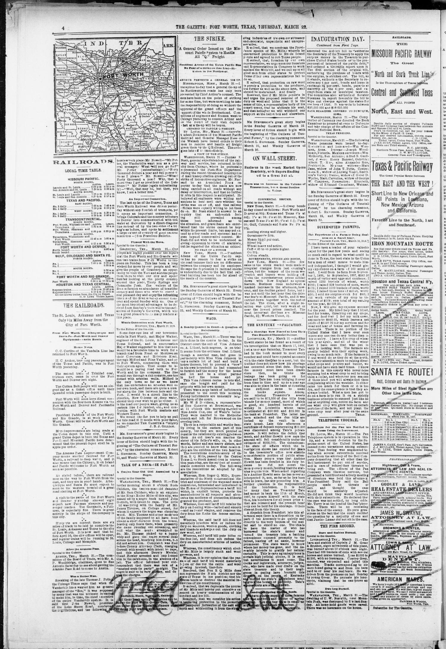 Fort Worth Daily Gazette. (Fort Worth, Tex.), Vol. 13, No. 233, Ed. 1, Thursday, March 22, 1888
                                                
                                                    [Sequence #]: 4 of 8
                                                