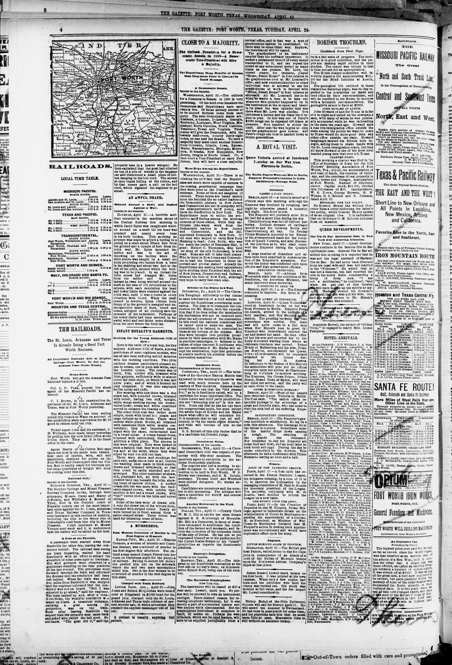Fort Worth Daily Gazette. (Fort Worth, Tex.), Vol. 13, No. 256, Ed. 1, Tuesday, April 24, 1888
                                                
                                                    [Sequence #]: 4 of 8
                                                