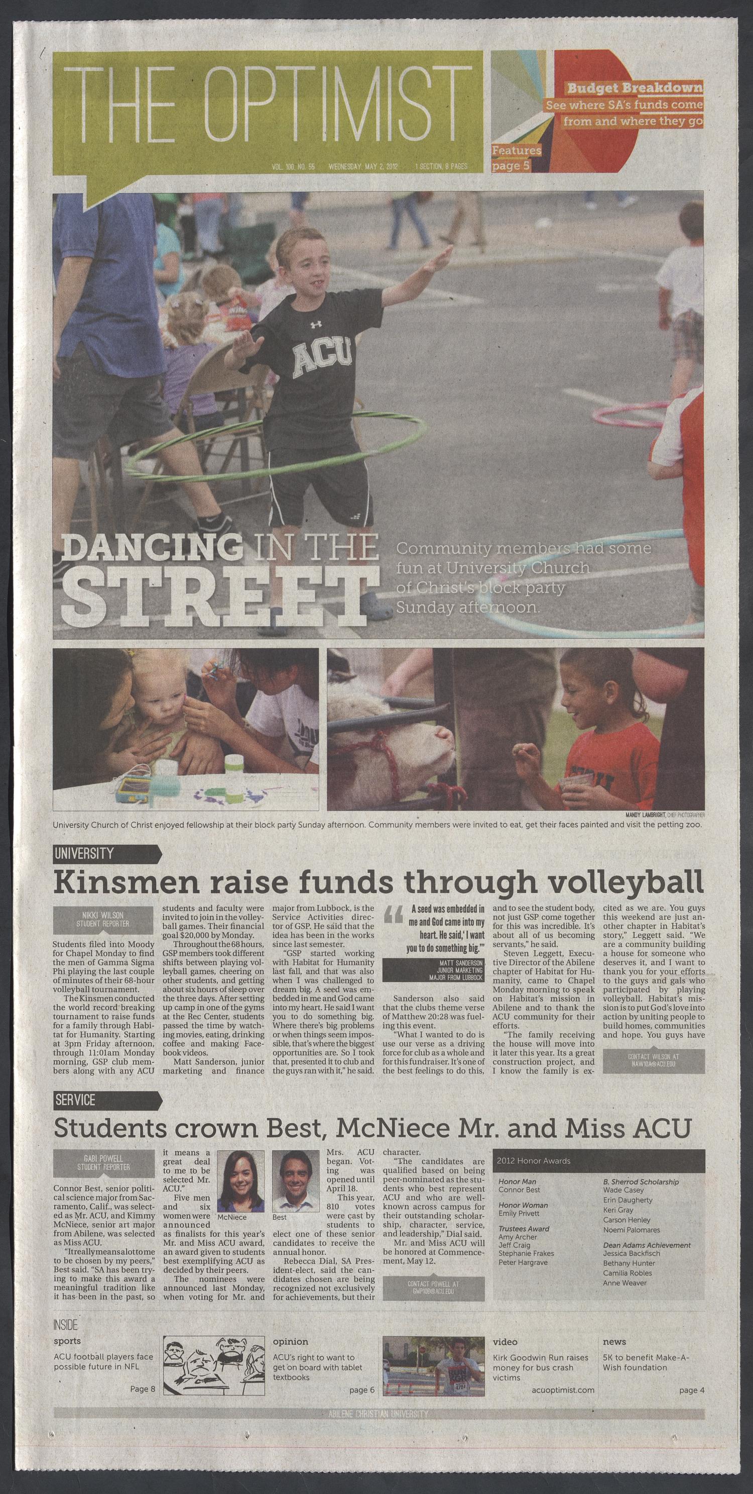 The Optimist (Abilene, Tex.), Vol. 100, No. 55, Ed. 1 Wednesday, May 2, 2012
                                                
                                                    [Sequence #]: 1 of 8
                                                