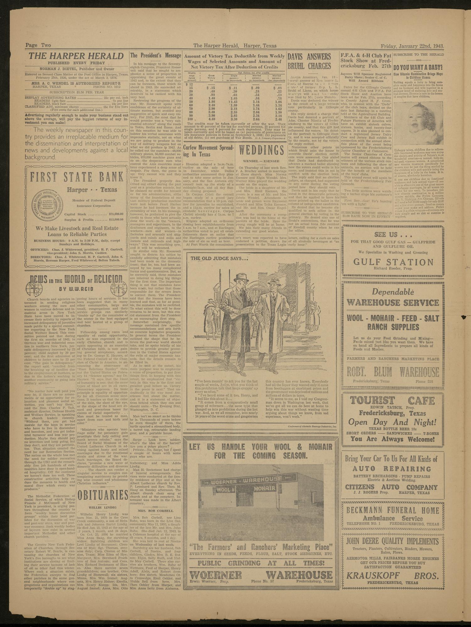 The Harper Herald (Harper, Tex.), Vol. 28, No. 4, Ed. 1 Friday, January 22, 1943
                                                
                                                    [Sequence #]: 2 of 4
                                                