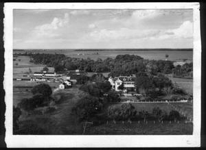 Primary view of object titled '[Aerial photograph of the George Ranch house and ranch site surrounded by trees]'.