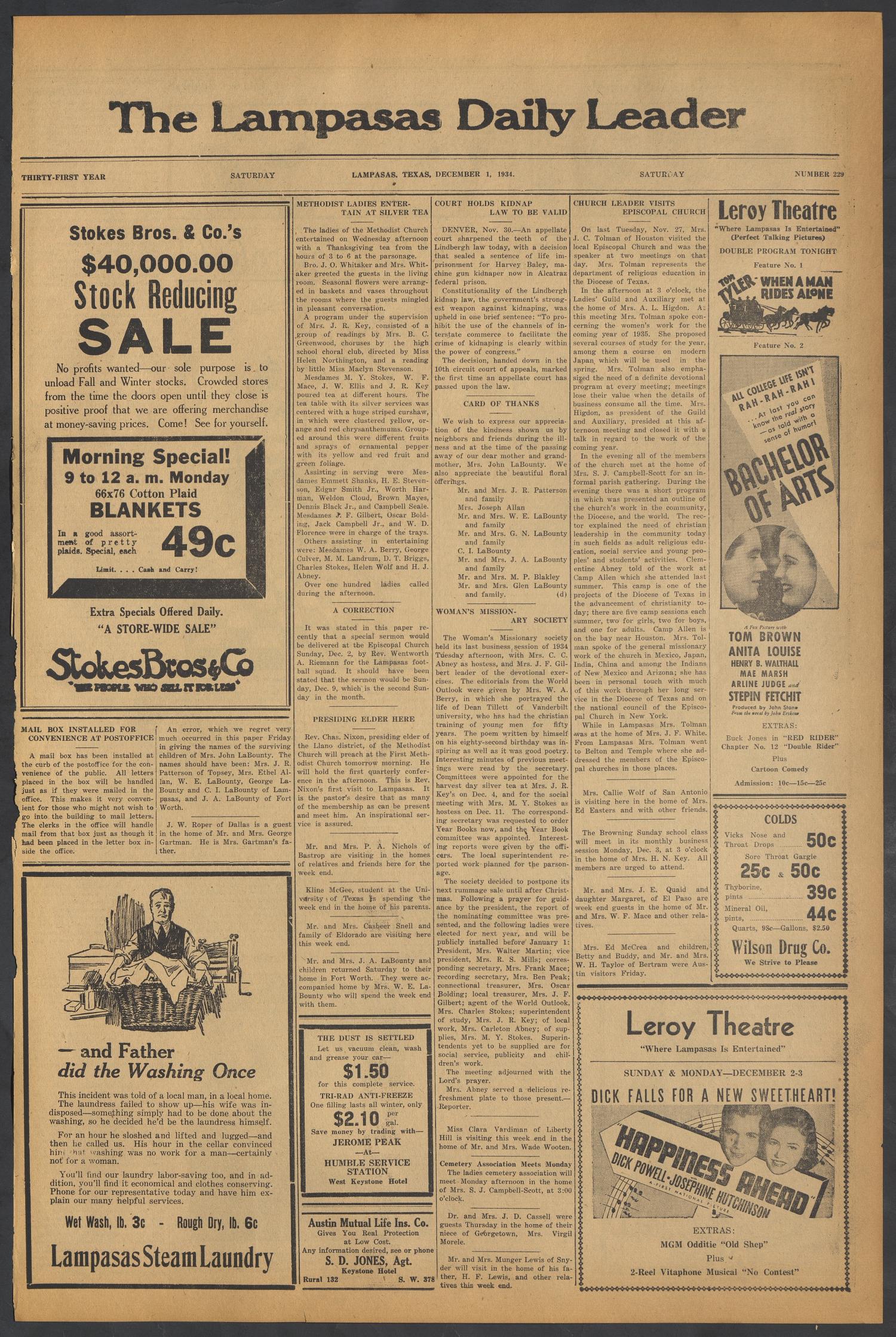 The Lampasas Daily Leader (Lampasas, Tex.), Vol. 31, No. 229, Ed. 1 Saturday, December 1, 1934
                                                
                                                    [Sequence #]: 1 of 4
                                                