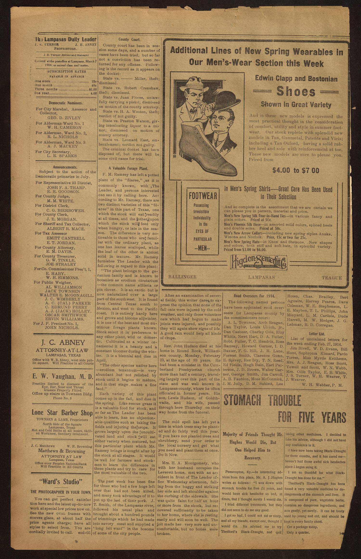 The Lampasas Daily Leader. (Lampasas, Tex.), Vol. 10, No. 303, Ed. 1 Thursday, February 26, 1914
                                                
                                                    [Sequence #]: 4 of 4
                                                