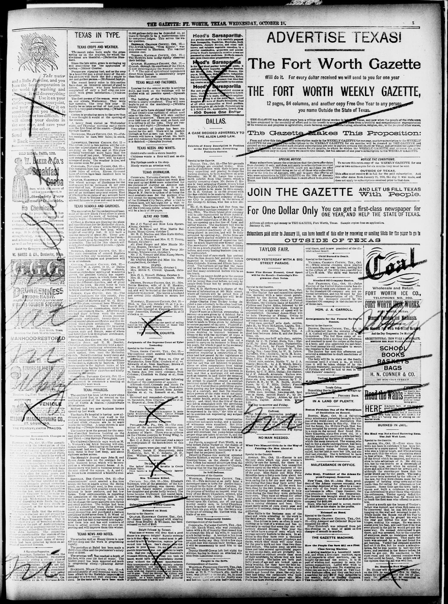 Fort Worth Gazette. (Fort Worth, Tex.), Vol. 15, No. 364, Ed. 1, Wednesday, October 14, 1891
                                                
                                                    [Sequence #]: 5 of 8
                                                