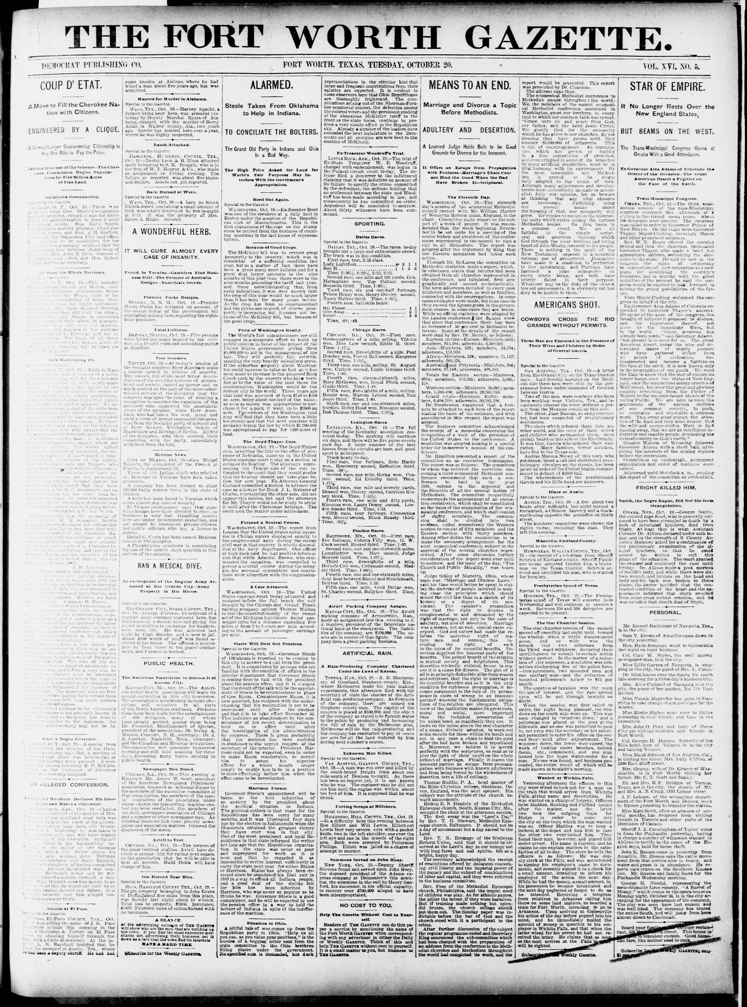 Fort Worth Gazette. (Fort Worth, Tex.), Vol. 16, No. 5, Ed. 1, Tuesday, October 20, 1891
                                                
                                                    [Sequence #]: 1 of 8
                                                