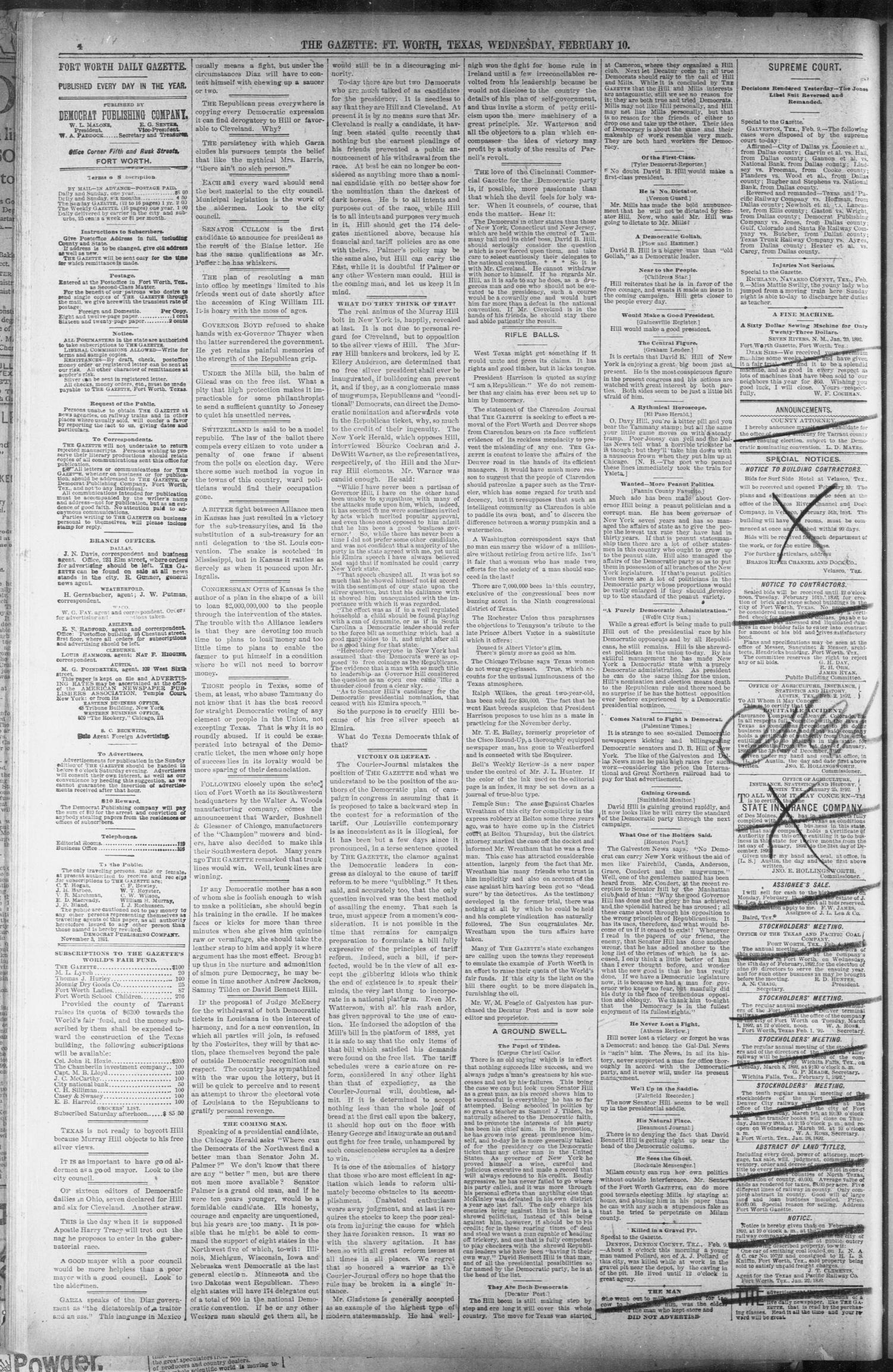 Fort Worth Gazette. (Fort Worth, Tex.), Vol. 16, No. 118, Ed. 1, Wednesday, February 10, 1892
                                                
                                                    [Sequence #]: 4 of 8
                                                