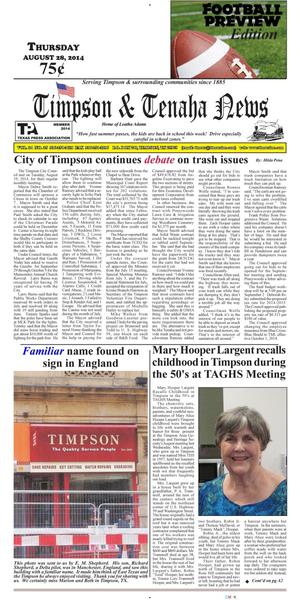 Primary view of object titled 'Timpson & Tenaha News (Timpson, Tex.), Vol. 34, No. 35, Ed. 1 Thursday, August 28, 2014'.