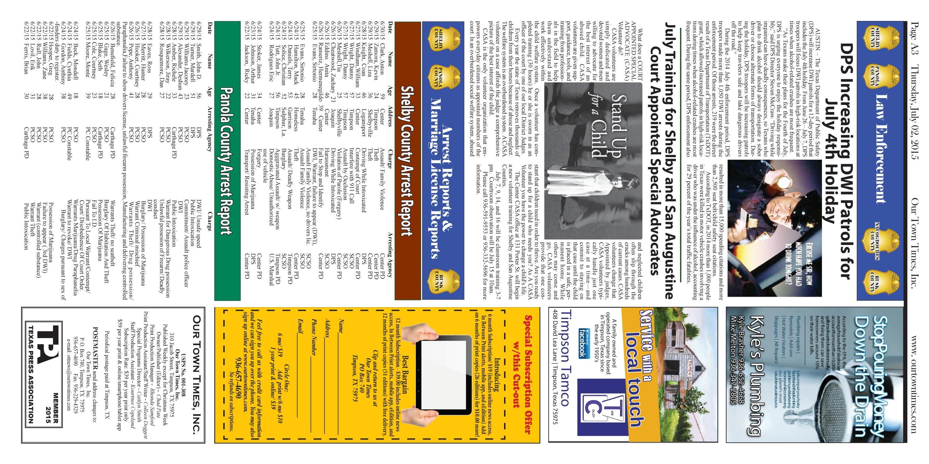 Our Town Times (Timpson, Tex.), Vol. 35, No. 28, Ed. 1 Thursday, July 2, 2015
                                                
                                                    [Sequence #]: 3 of 20
                                                