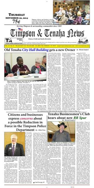 Primary view of object titled 'Timpson & Tenaha News (Timpson, Tex.), Vol. 34, No. 47, Ed. 1 Thursday, November 20, 2014'.